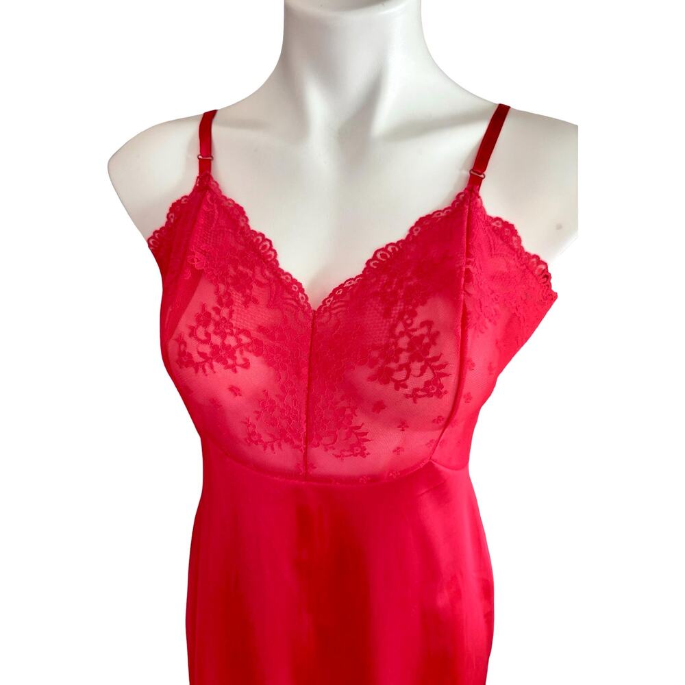 Rare Vanity Fair Red Nylon Antron Slip Dress Sz 34L Vintage Lingerie Lace Bodice - Picture 2 of 10
